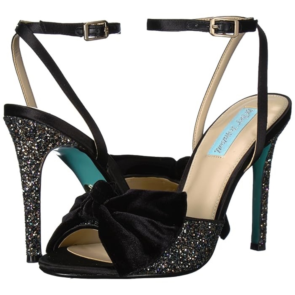 NEW Blue By Betsy Johnson Strappy Stiletto Heels, Black Velvet Bows, Peep Toe